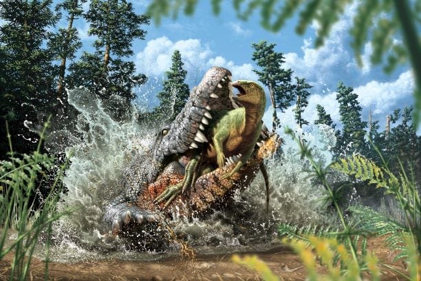 Artist's reconstruction of a Confractosuchus devouring an ornithopod event.
