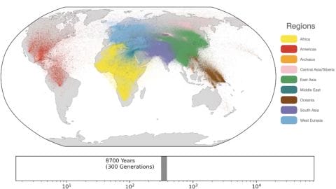 A still shot from a video published by the study authors shows the estimated geographical locations of human ancestors.