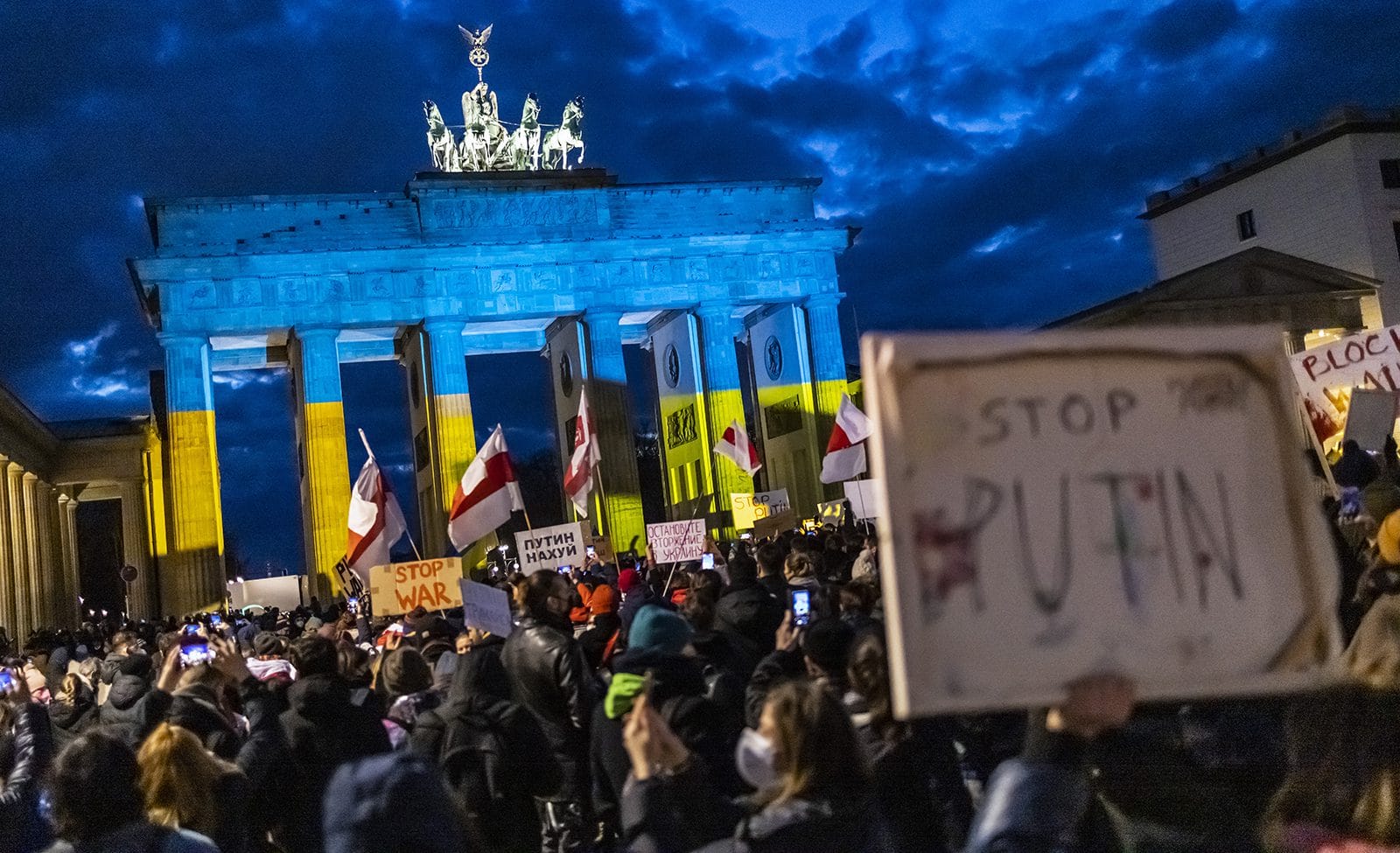 A demonstration in front of the Brandenburg Gate in Berlin on February 24 against the Russian invasion of Ukraine. 