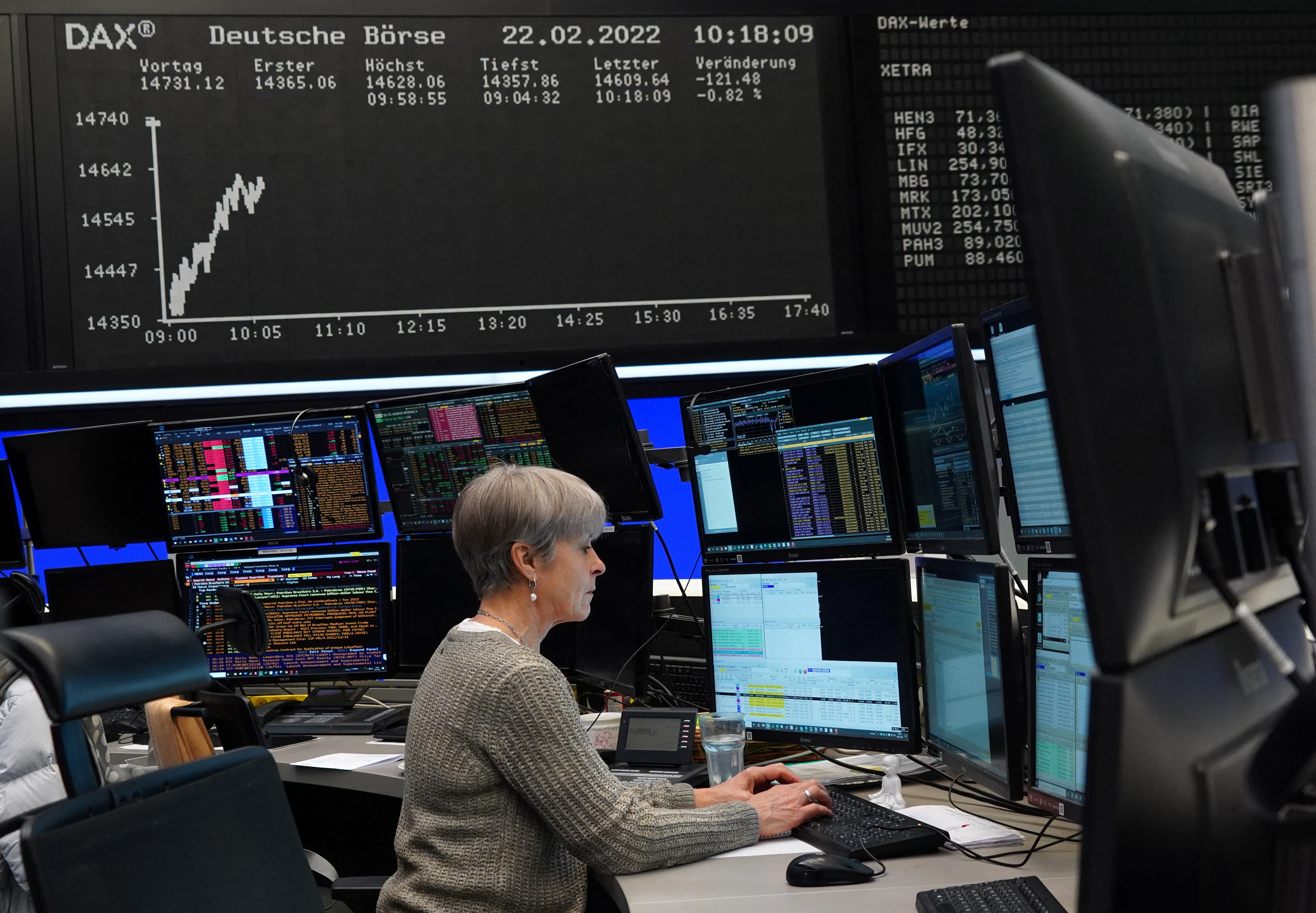 A trader works at the Frankfurt Stock Exchange in Frankfurt, Germany, February 22, 2022. REUTERS/Tim Reichert