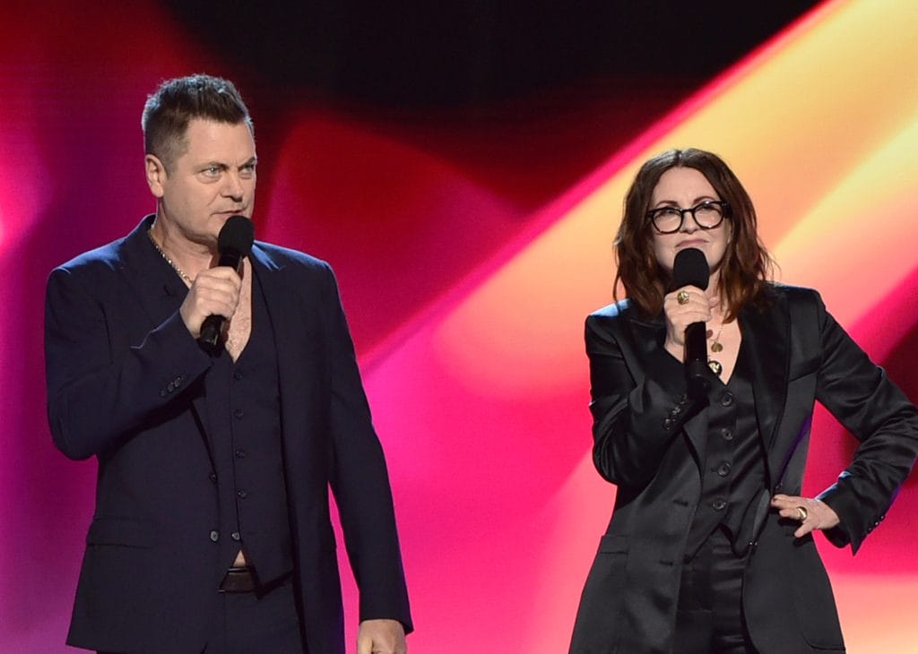 Nick Offerman, co-hosts of the Independent Spirit Awards, Megan Mullally turns on Putin, and tells him to 'go home'
